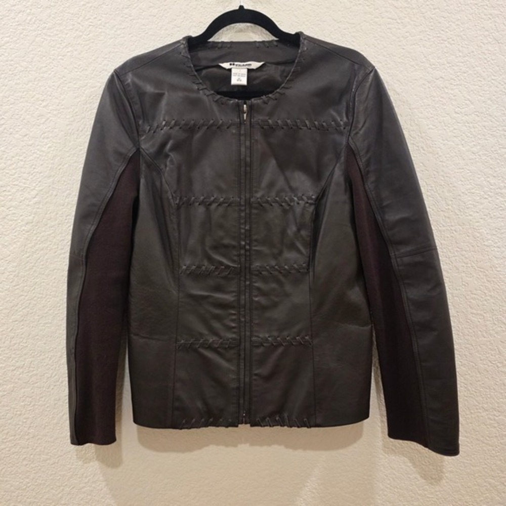 Nygard Collection Brown Leather Whipstitch Jacket Mixed Media Knit Back Adult M